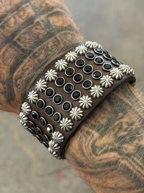 Campomaggi Leather Studded & Embellished Cuff Bracelet in Grigio